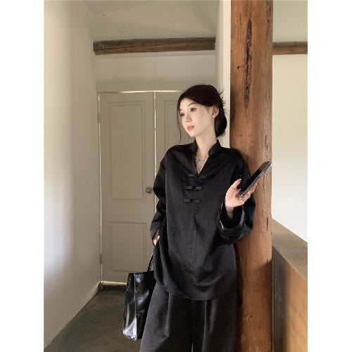 XIWYINSHE Cross-Border New Chinese Style Chinese Style Suit Mid-Length Chinese Knot Button Shirt Women's Summer Jacquard Wide-Leg Pants Two-Piece Suit