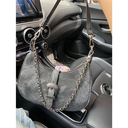 XIEYINSHE Niche Bag Female 2022 New High Sense New Moon Bag Retro Shoulder Bag Graphite Underarm Bag Chain Handbag