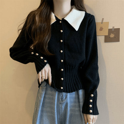 XIEYINSHE Korean contrasting color Polo lapel knitted sweater cardigan women's autumn and winter New new slim-fitting and thin short top