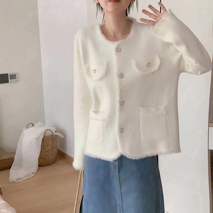 XIEYINSHE Xiaoxiangfeng imitation mink velvet jacket sweater women's autumn and winter New new loose fringed temperament knitted cardigan on