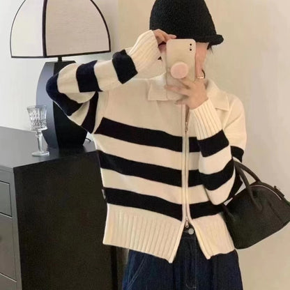 XIEYINSHE Striped knitted cardigan women's spring and autumn  lapel top loose lazy wind double zipper winter sweater versatile outside