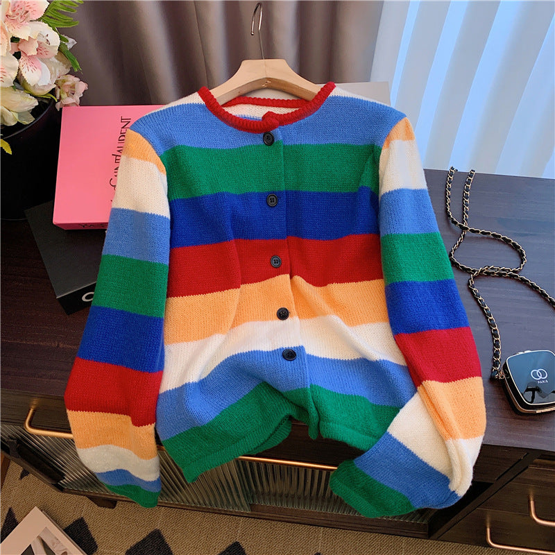 XIEYINSHE Korean retro contrasting color rainbow striped sweater women's autumn and winter new Hong Kong-style chic crew neck fashion knitted cardigan