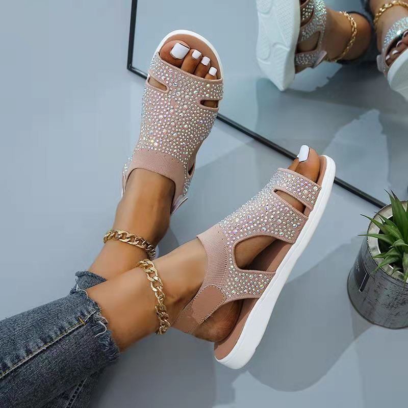 XIEYINSHE  Cross-Border Foreign Trade European and American Summer Women's Shoes Flying Woven Rhinestone Breathable Solid Color Rhinestone Beach Lightweight plus Size Women's Sandals