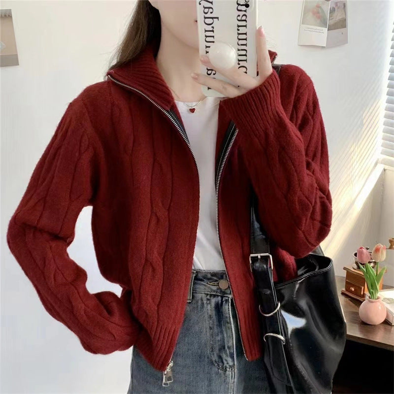 XIEYINSHE Korean twist knitted cardigan jacket short and thin new loose double zipper lapel sweater women's top trendy