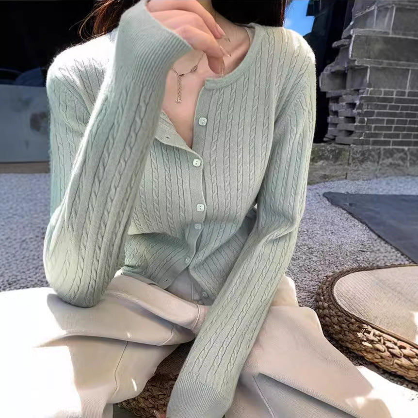 XIEYINSHE Retro twist versatile knitted sweater jacket women's New early autumn new long-sleeved crew neck sweater cardigan top