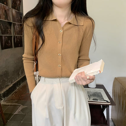 XIEYINSHE New Spring and Autumn POLO Neck Knitted Cardigan Top Korean Simple Fashion Slim-fit Solid Color Sweater Women's Single Wear Outside