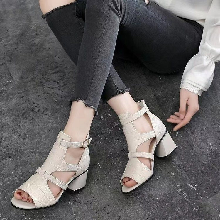 XIEYINSHE  Cross-Border New Arrival Peep Toe Roman High Heel Sandals Women's Chunky Heel Summer Hollow-out Sandal Boots Ankle Boots Mid Heel Foreign Trade Women's Shoes