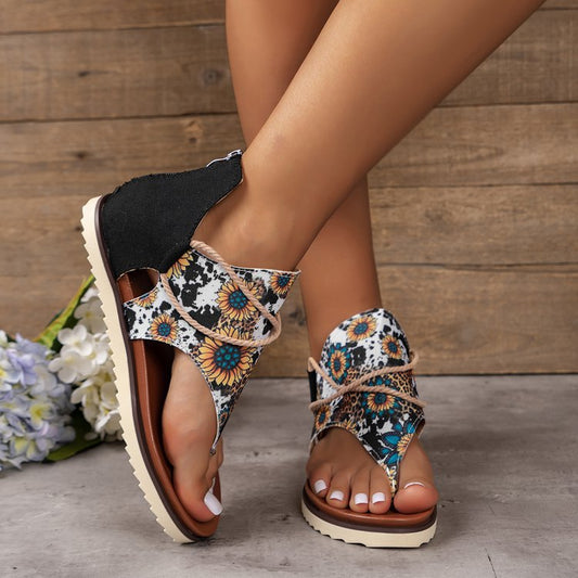 XIEYINSHE  Cross-Border Foreign Trade plus Size Women's Sandals  Summer New Flip-Flops Printed Flat Sandals Women's Back Women's Zipper Shoes