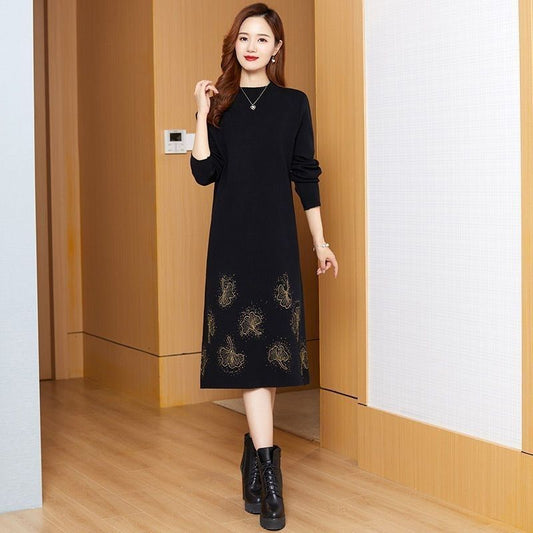 XIEYINSHE 2025Autumn and winter fashion medium and long sweater skirt women's new bottoming shirt splicing crew neck large size loose knitted dress