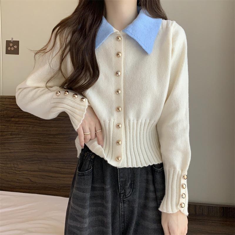 XIEYINSHE Korean contrasting color Polo lapel knitted sweater cardigan women's autumn and winter New new slim-fitting and thin short top