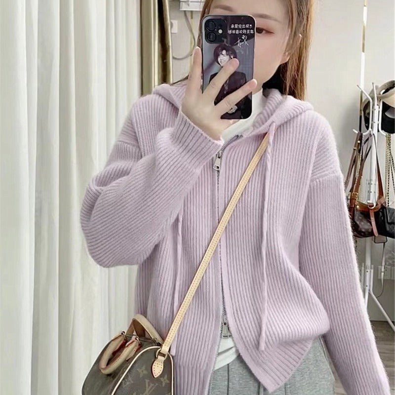 XIEYINSHE Hooded double zipper knitted cardigan autumn and winter new lazy style solid color top women's loose version thickened sweater jacket