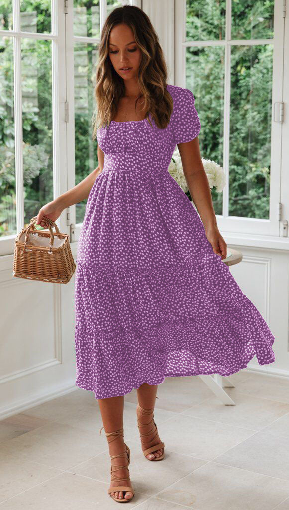 2019 European and American New  Wish  Hot Square Collar Puff Sleeve Floral Dress Long Dress