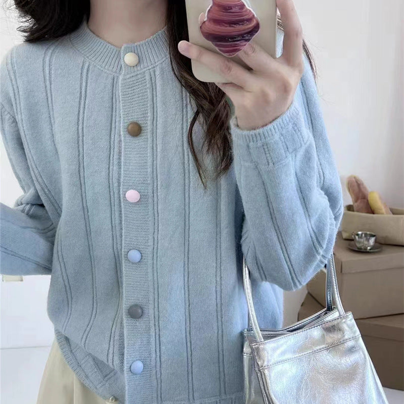 XIEYINSHE Autumn and winter solid color small fresh round neck color buckle cardigan New new simple versatile knitted sweater jacket top