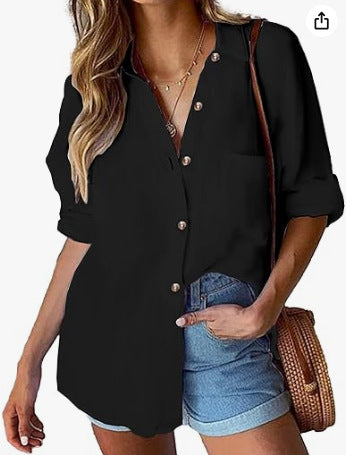 XIWYINSHE New Women's Cotton Button-down Shirt Casual Long Sleeve Loose Collar Linen Work Shirt Top with Mouth