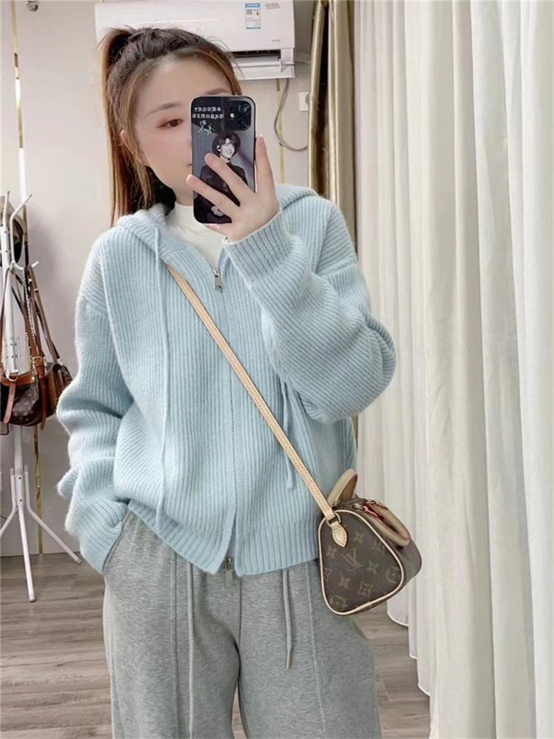 XIEYINSHE Hooded double zipper knitted cardigan autumn and winter new lazy style solid color top women's loose version thickened sweater jacket