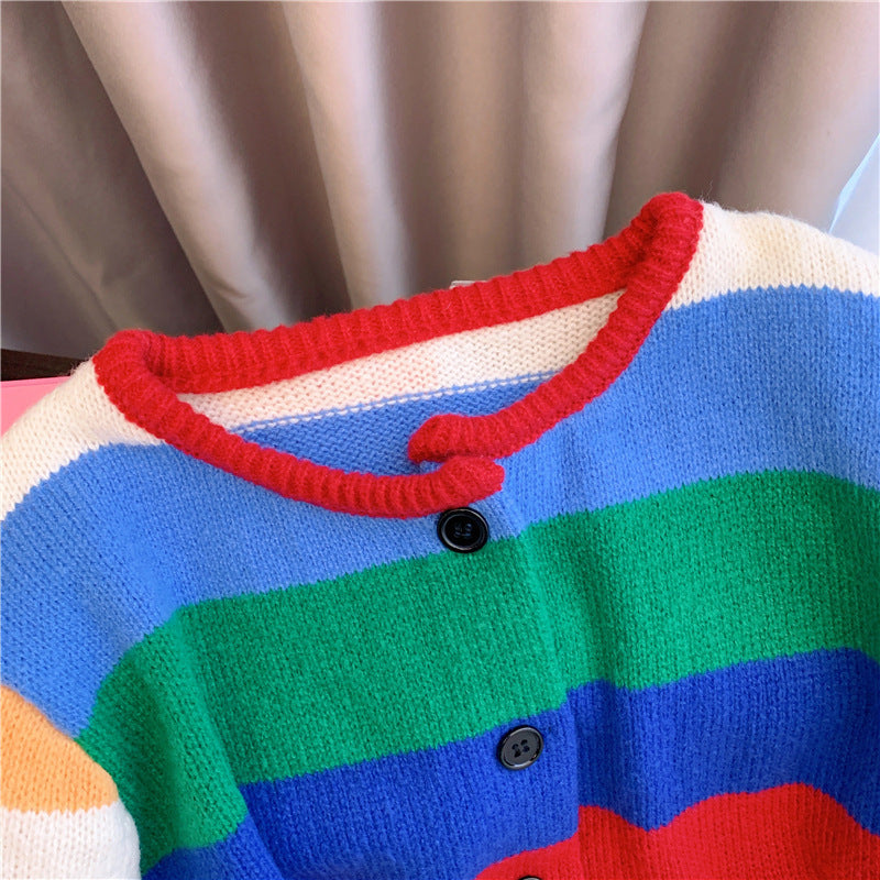 XIEYINSHE Korean retro contrasting color rainbow striped sweater women's autumn and winter new Hong Kong-style chic crew neck fashion knitted cardigan