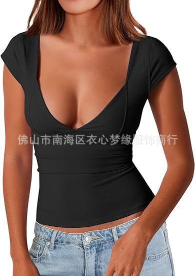 XIEYINSHE  Cross-Border Fashion Queen Women's Sexy Deep V-neck Backless Top Short Sleeve Slim Fit T-shirt Basic