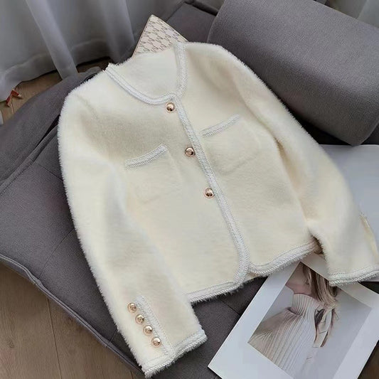 XIEYINSHE Xiaoxiangfeng imitation mink velvet knitted cardigan women's autumn and winter round neck versatile gentle wind sweater jacket top