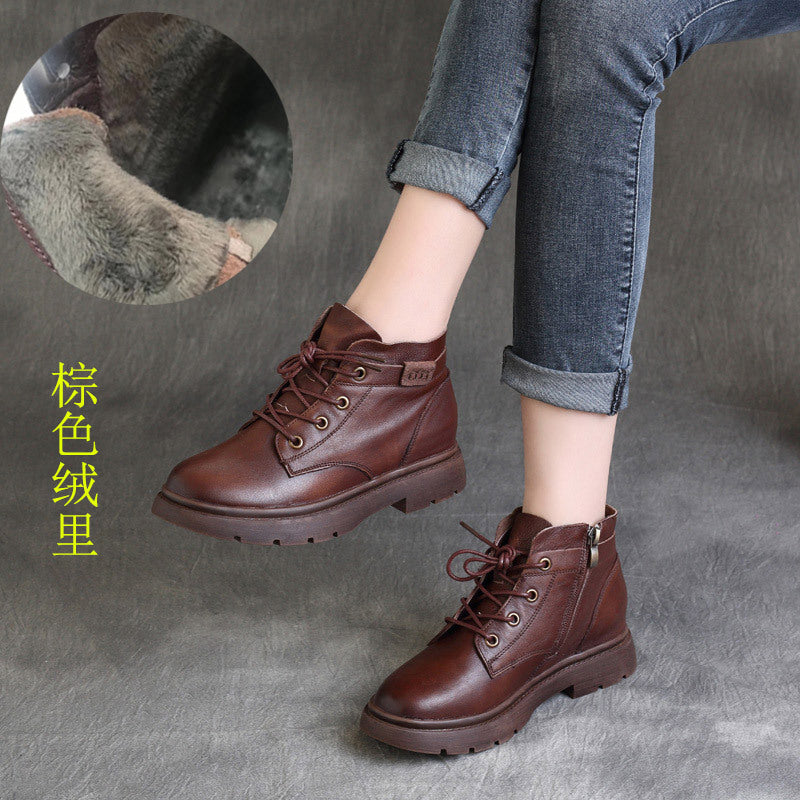 Autumn and Winter New Mori Girl Handsome Retro Cowhide Lace-up Flat-Heeled British Style Ankle Boots Knight Boots Martin Boots