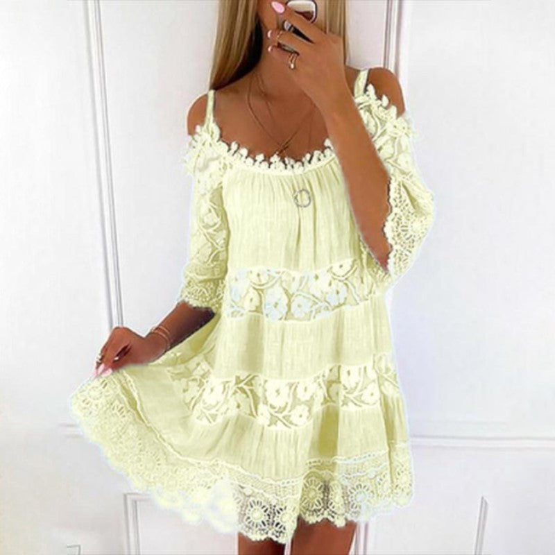 XIEYINSHE  Cross-Border  Princess Style Dress off-Shoulder Lace Suspender Dress Fashion Casual Solid Color Loose Dress