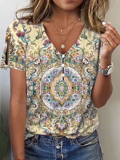 Independent Station    Cross Border Foreign Trade Summer Ethnic Style Positioning Printed Short-Sleeved Top Female