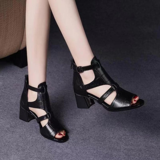 XIEYINSHE  Cross-Border New Arrival Peep Toe Roman High Heel Sandals Women's Chunky Heel Summer Hollow-out Sandal Boots Ankle Boots Mid Heel Foreign Trade Women's Shoes