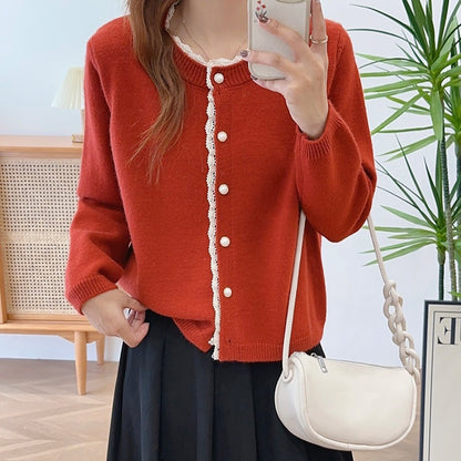 XIEYINSHE Autumn and winter crew neck casual knitted jacket versatile pearl buckle fresh and sweet college style sweater cardigan top women