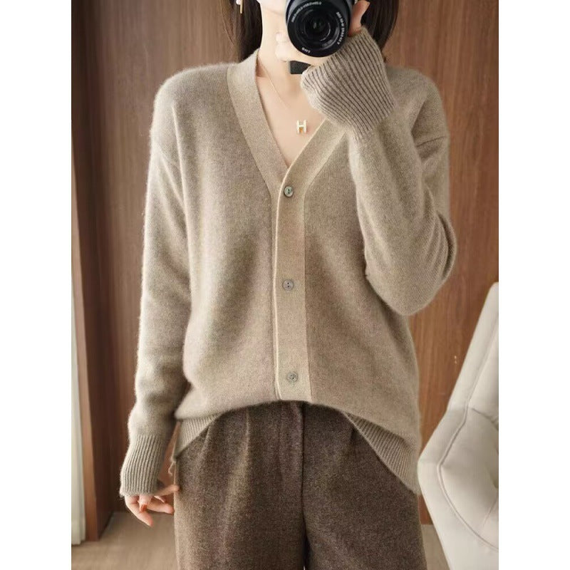 XIEYINSHE Lazy wind loose color matching knitted cardigan jacket women's New new v-neck age-reducing outer sweater top tide