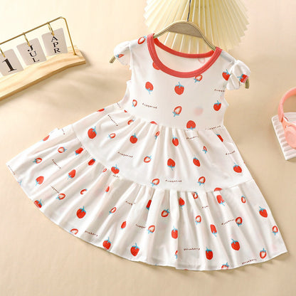 Summer New Children's Princess Dress Baby Girl Printed Cartoon Dress Baby Girl Fashionable Floral Ice Silk Skirt