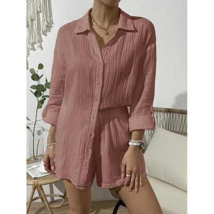 XIWYINSHE Cross-Border  European and American Women's Clothing Spring/Summer Fashion Solid Color Long Sleeve Shirt Outfit Women's Casual Loose Shorts Two-Piece Set