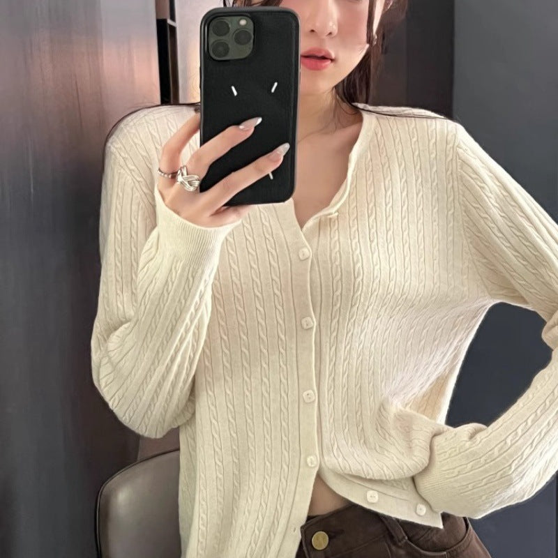 XIEYINSHE Retro twist versatile knitted sweater jacket women's New early autumn new long-sleeved crew neck sweater cardigan top