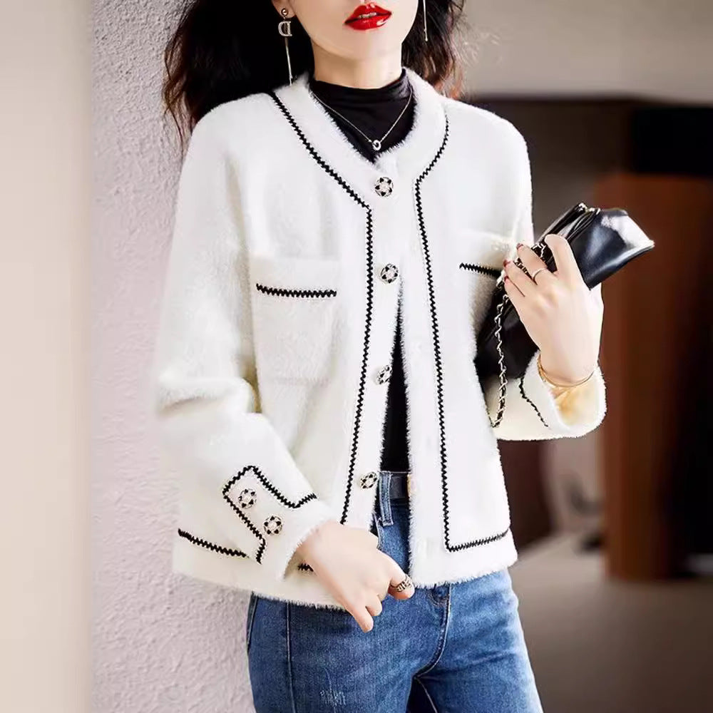 XIEYINSHE Imitation mink fleece sweater jacket women's New autumn and winter new celebrity Xiaoxiangfeng knitted cardigan top foreign trade cross-border