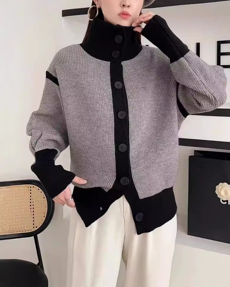 XIEYINSHE New Spring and Autumn Korean Contrast Color Turtleneck Women's Loose Soft Waxy Lazy Stripe Knitted Cardigan Jacket Top