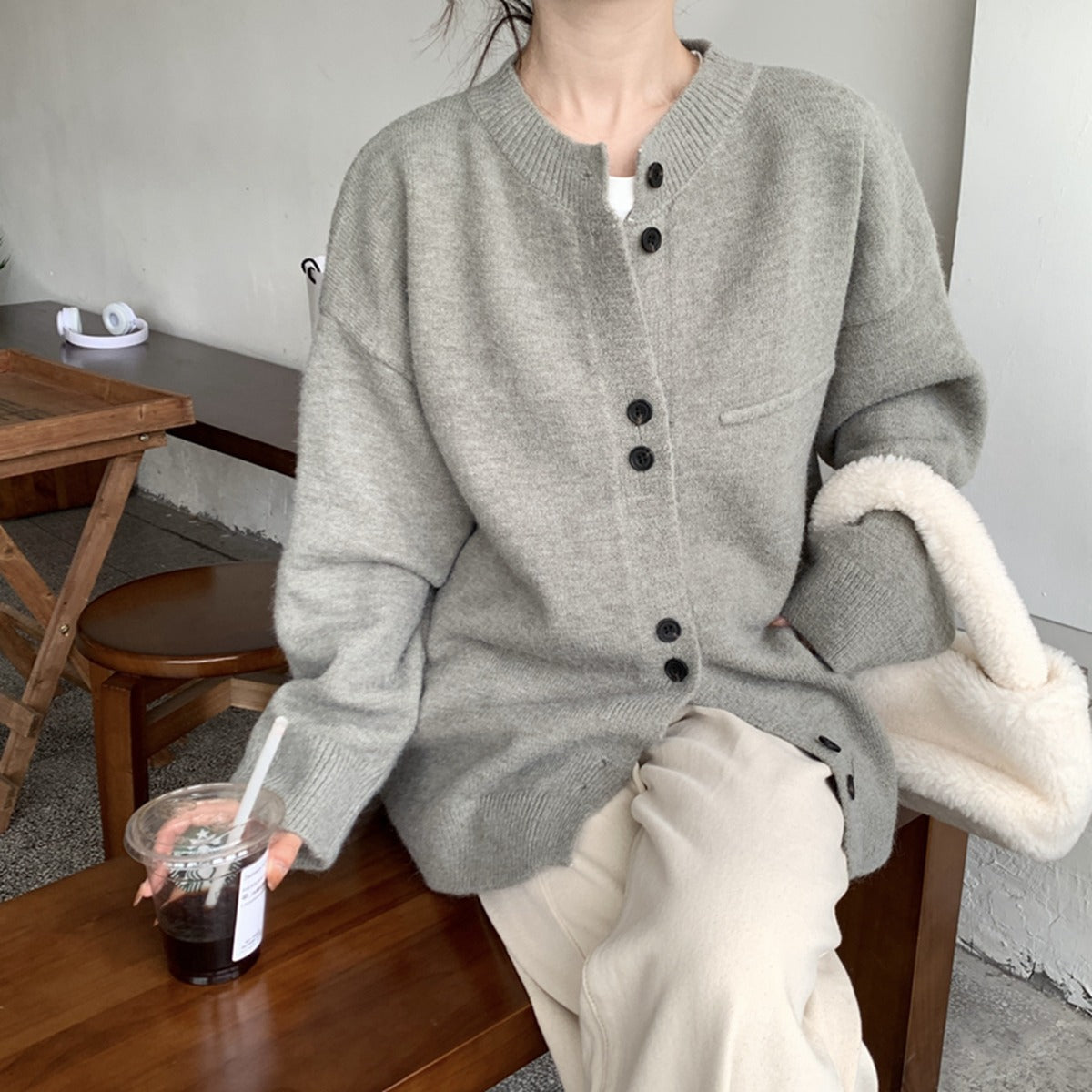 XIEYINSHE Gray lazy wind knitted cardigan women's spring and autumn loose Japanese soft waxy large size sweater jacket design sense top tide