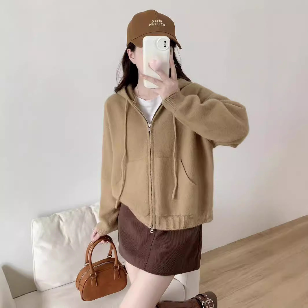 XIEYINSHE Autumn and winter new solid color hooded pocket knitted cardigan jacket double zipper casual lazy wind sweater top women