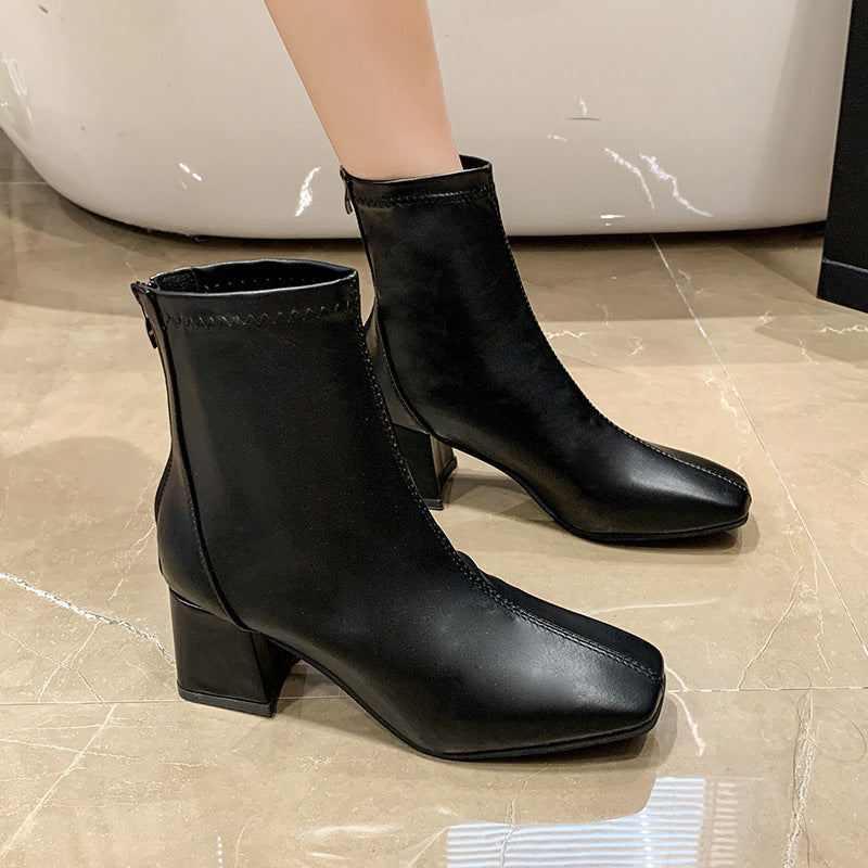 Southeast Asia Fashion Short Boots  Autumn and Winter New Korean Style Women's Martin Boots Square Toe Chunky Heel Casual Leather Boots