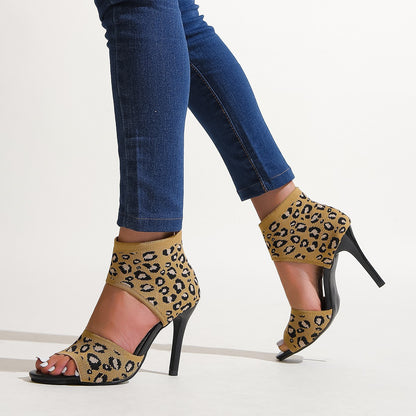 Fall New High Heel Sandals Women's  Leopard Pointed Toe Open Toe Sexy Fashion plus Size Women's Shoes