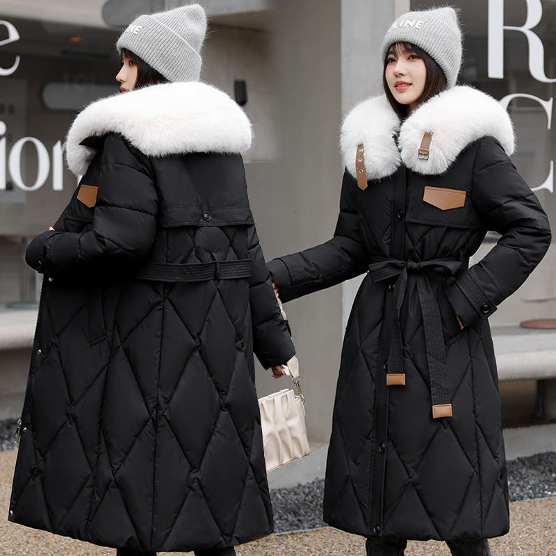 European and American white fur collar down cotton clothes women's winter 2023 new thin fashion medium and long knee waist coat coat