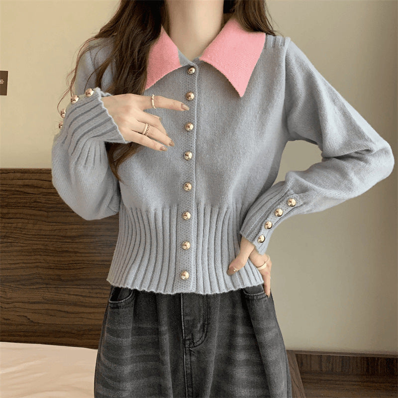 XIEYINSHE Korean contrasting color Polo lapel knitted sweater cardigan women's autumn and winter New new slim-fitting and thin short top