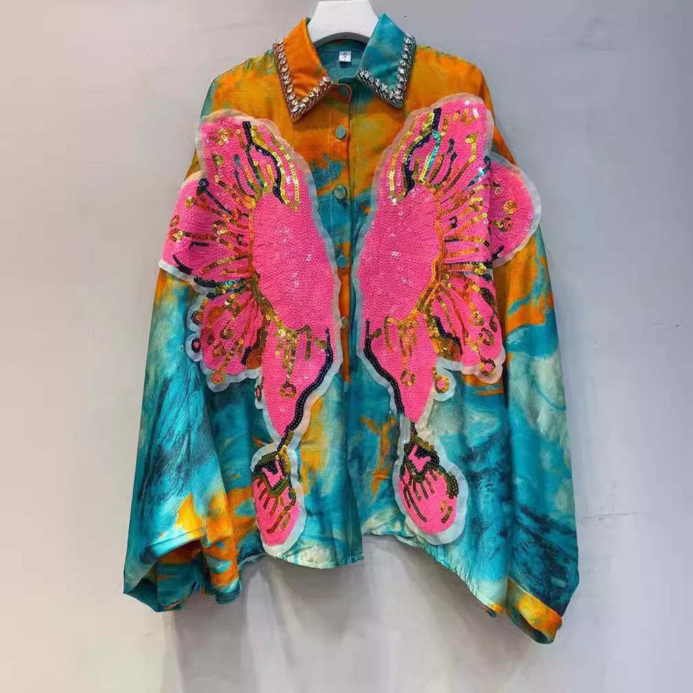 XIWYINSHE Thai Fashion Brand  Spring New Retro Printed Shirt Women's Clothing Beaded Sequins All-Matching Loose Shirt Outerwear