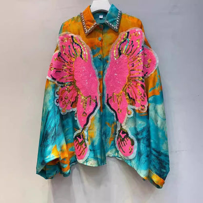 XIWYINSHE Thai Fashion Brand  Spring New Retro Printed Shirt Women's Clothing Beaded Sequins All-Matching Loose Shirt Outerwear