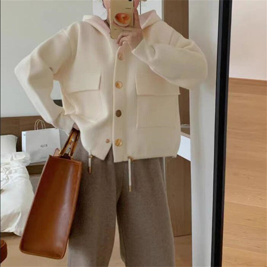 XIEYINSHE Imitation double-sided woolen knitted sweater New autumn new single-breasted short cardigan hooded square pocket top coat women