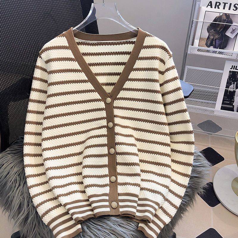 XIEYINSHE Sweater jacket knitted cardigan women's spring and autumn clothing thin outer with new popular black and white striped V-neck long-sleeved top