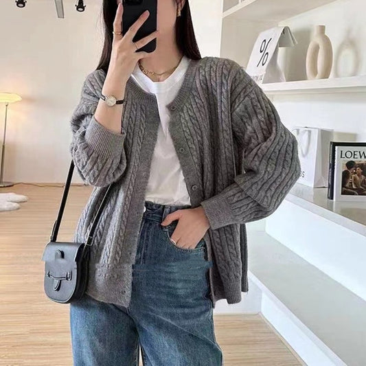 XIEYINSHE Simple wind crew neck sweater jacket women's autumn casual loose retro loose twist lazy wind knitted sweater top