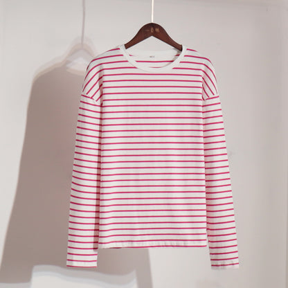 XIEYINSHE Cross-border, long-sleeved striped T-shirt, 2025 New spring fashion trend versatile casual round neck pure cotton striped T-shirt