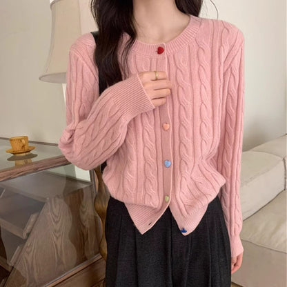 XIEYINSHE New Korean version of spring new solid-color round neck knitted cardigan colored love buckle soft waxy loose sweater women's top