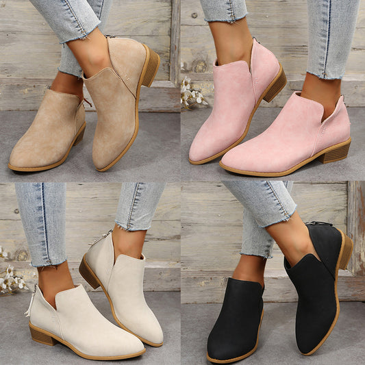 British Style Bootie Pointed Martin Boots  Cross-Border Foreign Trade Large Size Thick Heel after Zipper Thin Shoes Factory Wholesale