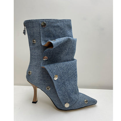 HOTan and NEWn Foreign Trade Women's Shoes New High Heel Pointed-Toe Metal Rivet Denim Stitching Two Wear Pile Style plus Size Short Boots