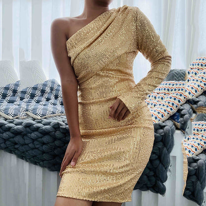 2024  Hot Trade European and American One-Shoulder Dress Diagonal Collar Wrapped Chest Evening Dress Fashionable Sequins Nightclub Sexy Women's Clothing