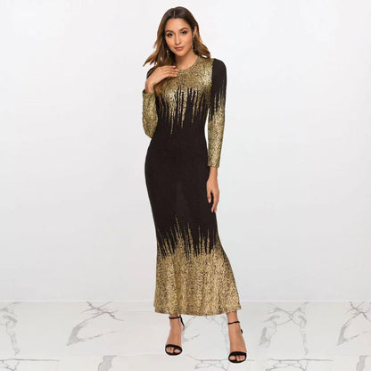 2024 European and American New  Bronzing Printed Slim Long Sleeve Dress Autumn and Winter Evening Dress Fishtail Dress